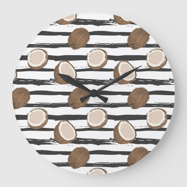 Coconuts on Grunge Stripes Pattern Large Clock (Front)