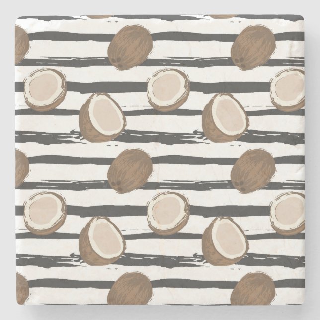 Coconuts on Grunge Stripes Pattern Stone Coaster (Front)