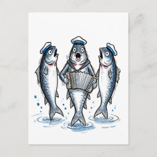 Cod Leading Chanty Choir in Marine Ink Illustratio Postcard