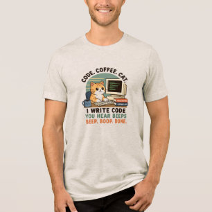 Code Coffee Cat Programmer Humour Illustration Tri-Blend Shirt