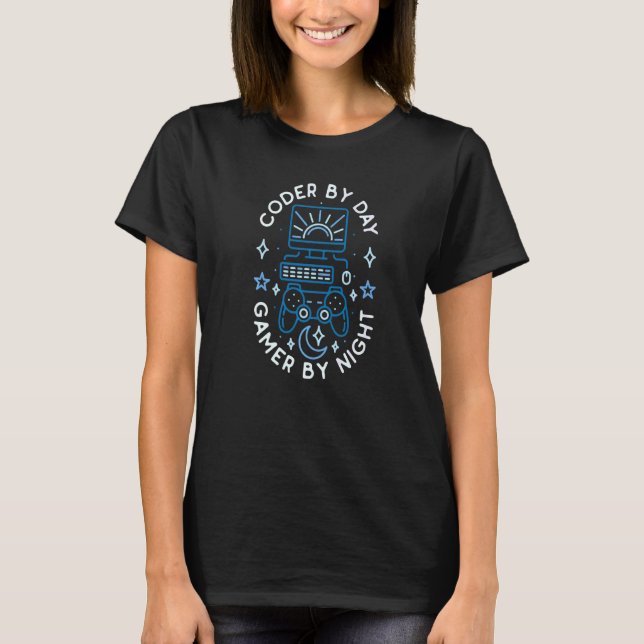 Coder By Day Gamer By Night Gaming  Student Coding T-Shirt (Front)