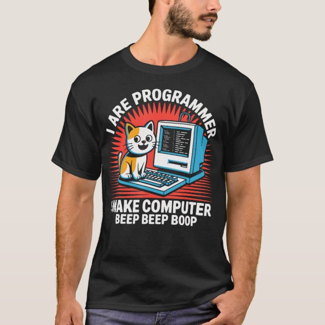 Coder Programmer Cat Computer T-Shirt (Front)