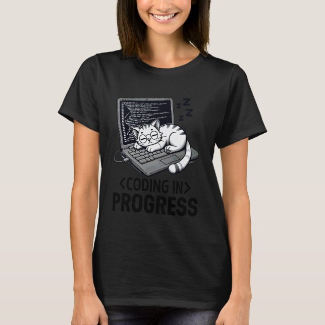 Coding in Progress Laid back programmer with a cat T-Shirt (Front)