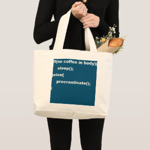 Coding Programmer Java Javascript Procrastination Large Tote Bag