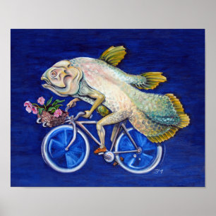 Coelacanth Riding a Bicycle With Flowers Poster