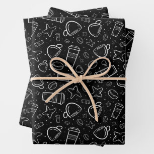 Coffe in black and white with stars for your craft wrapping paper sheet