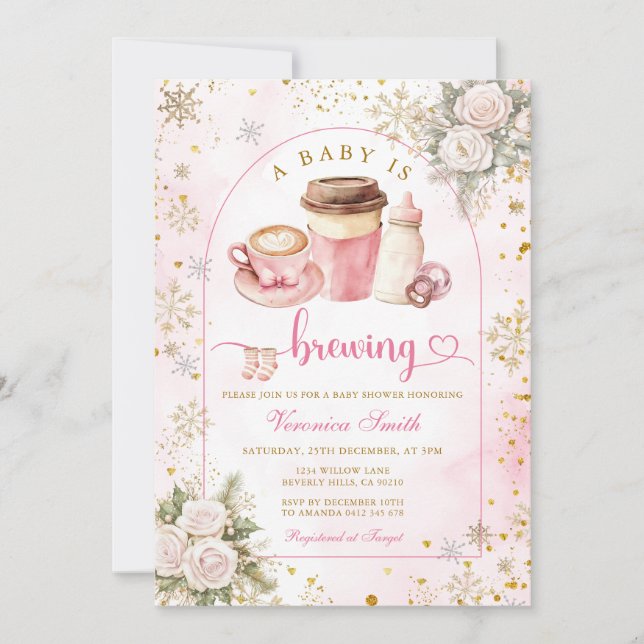Coffee A Baby is Brewing Pink Bow Baby Shower Gold Invitation (Front)