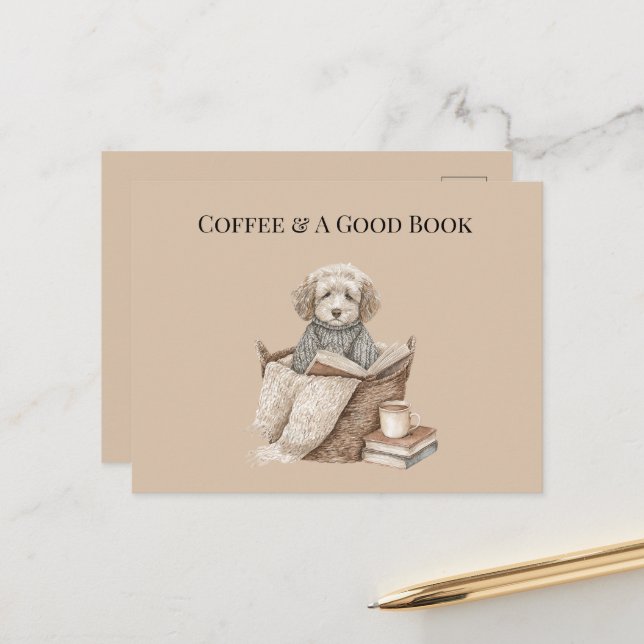 Coffee & A Good Book Dog Basket Postcard (Front/Back In Situ)