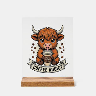 Coffee Addict Cute Highland Cow Vintage Engraving  Acrylic Sign