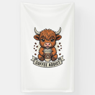 Coffee Addict Cute Highland Cow Vintage Engraving Banner