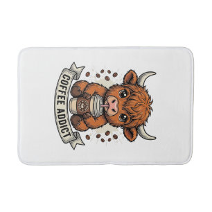 Coffee Addict Cute Highland Cow Vintage Engraving  Bath Mat