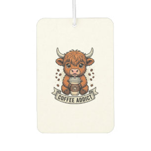 Coffee Addict Cute Highland Cow Vintage Engraving Car Air Freshener