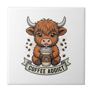 Coffee Addict Cute Highland Cow Vintage Engraving  Ceramic Tile