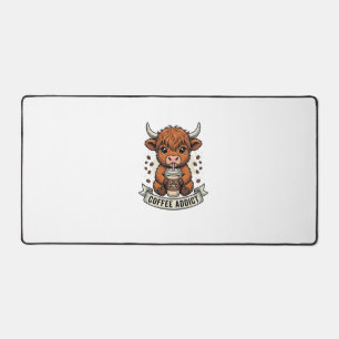 Coffee Addict Cute Highland Cow Vintage Engraving Desk Mat