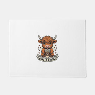 Coffee Addict Cute Highland Cow Vintage Engraving Doormat