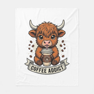 Coffee Addict Cute Highland Cow Vintage Engraving Fleece Blanket