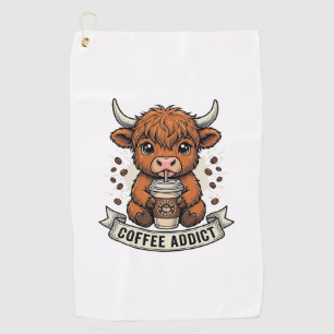 Coffee Addict Cute Highland Cow Vintage Engraving Golf Towel
