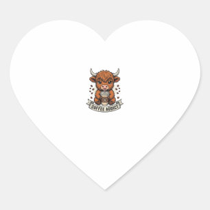 Coffee Addict Cute Highland Cow Vintage Engraving Heart Sticker