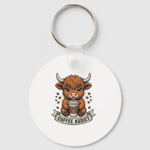 Coffee Addict Cute Highland Cow Vintage Engraving Key Ring