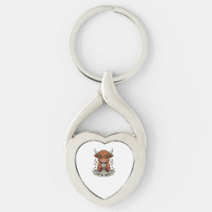 Coffee Addict Cute Highland Cow Vintage Engraving Key Ring
