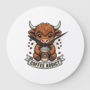 Coffee Addict Cute Highland Cow Vintage Engraving Large Clock