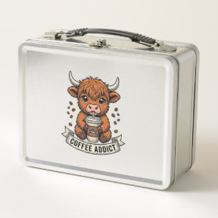 Coffee Addict Cute Highland Cow Vintage Engraving  Metal Lunch Box