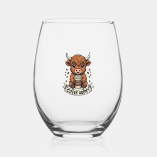 Coffee Addict Cute Highland Cow Vintage Engraving Stemless Wine Glass