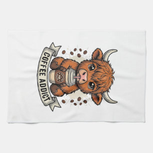 Coffee Addict Cute Highland Cow Vintage Engraving Tea Towel