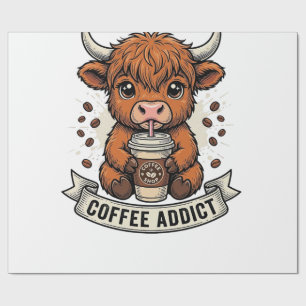Coffee Addict Cute Highland Cow Vintage Engraving Wrapping Paper