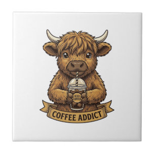 Coffee Addict Highland Cow Vintage Engraving Shirt Ceramic Tile