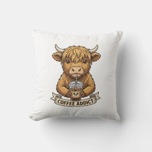 Coffee Addict Highland Cow Vintage Engraving Shirt Cushion