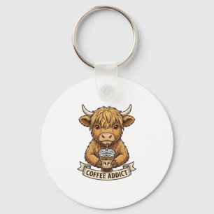 Coffee Addict Highland Cow Vintage Engraving Shirt Key Ring