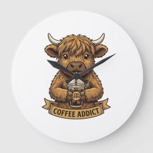 Coffee Addict Highland Cow Vintage Engraving Shirt Large Clock