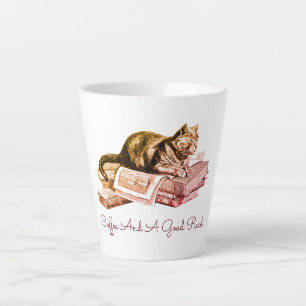 Coffee And A Good Read Cat Lying On Stack Of Books Latte Mug