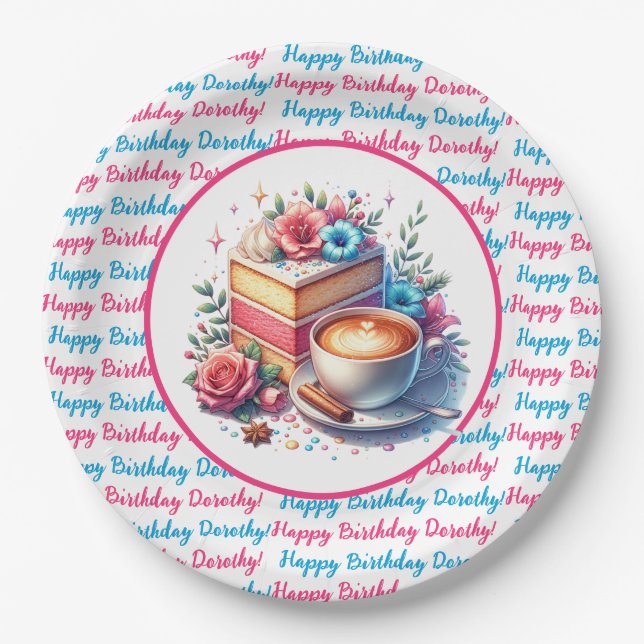 Coffee and Birthday Cake Personalised Paper Plate (Front)