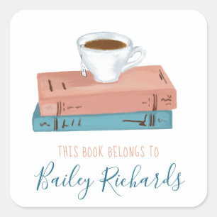 Coffee and Book Lover Bookplate Square Sticker