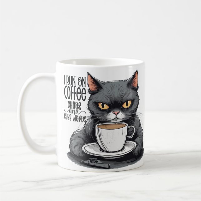 Coffee and Chaos, Cat, Cat and Coffee Humour Coffee Mug (Left)