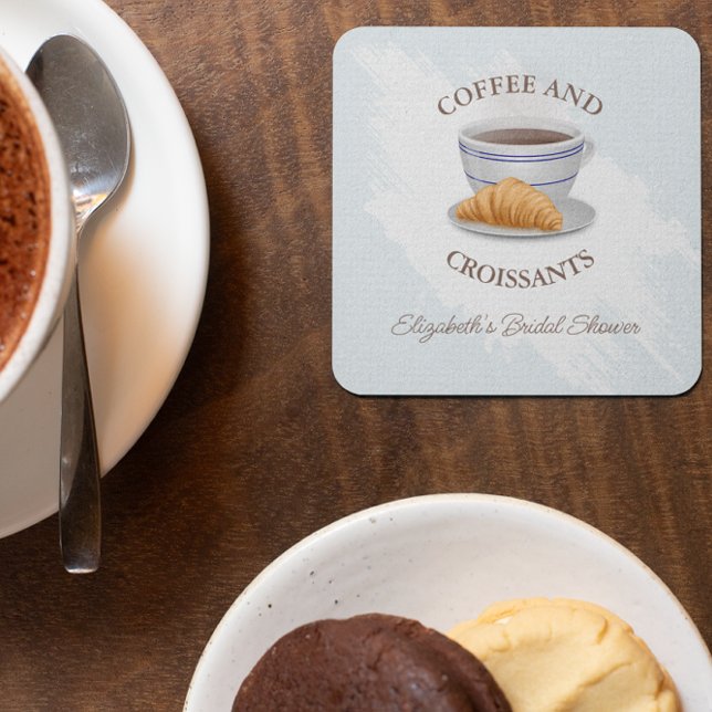 Coffee and Croissants Bridal Shower Square Paper Coaster (Creator Uploaded)