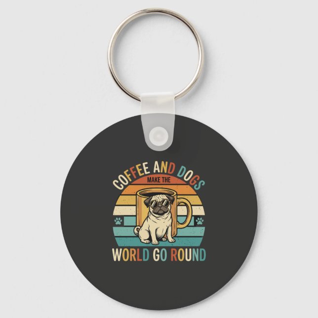 Coffee and Dogs Retro Pug Lover Key Ring (Front)