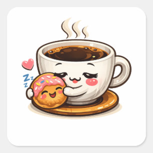 Coffee and Donut Cute Cartoon   Food Lover Design Square Sticker