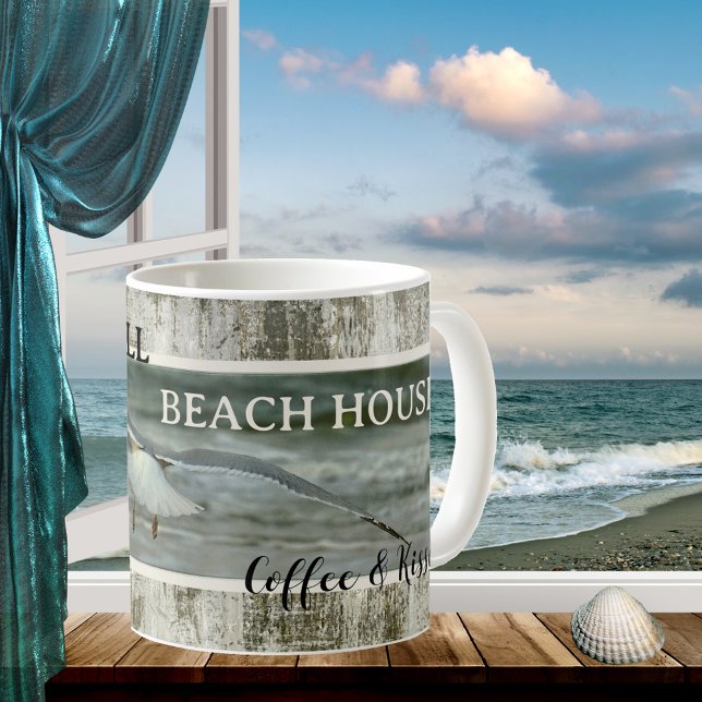 Coffee and Kisses Seagull Beach House Mug (Beach house mug featuring an image of a seagull flying over the ocean on a weathered wood)