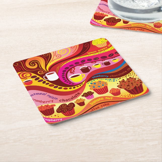 Coffee and Muffins Pattern Square Paper Coaster (Angled)