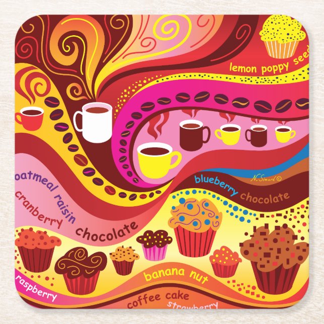 Coffee and Muffins Pattern Square Paper Coaster (Front)