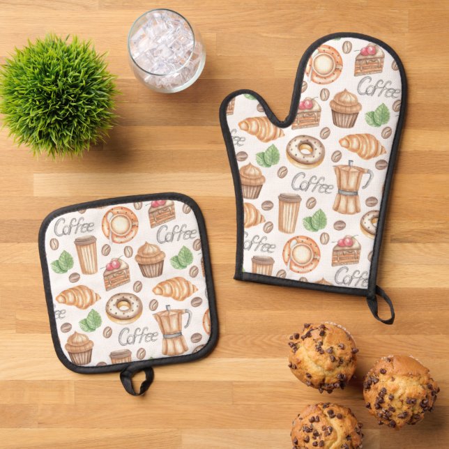 Coffee and Pastries Oven Mitt & Pot Holder Set (Top Down)