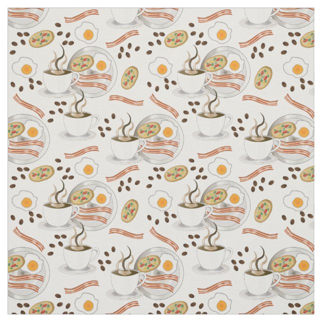 Coffee and Savory Breakfast Bacon | Eggs Pattern Fabric (Swatch)