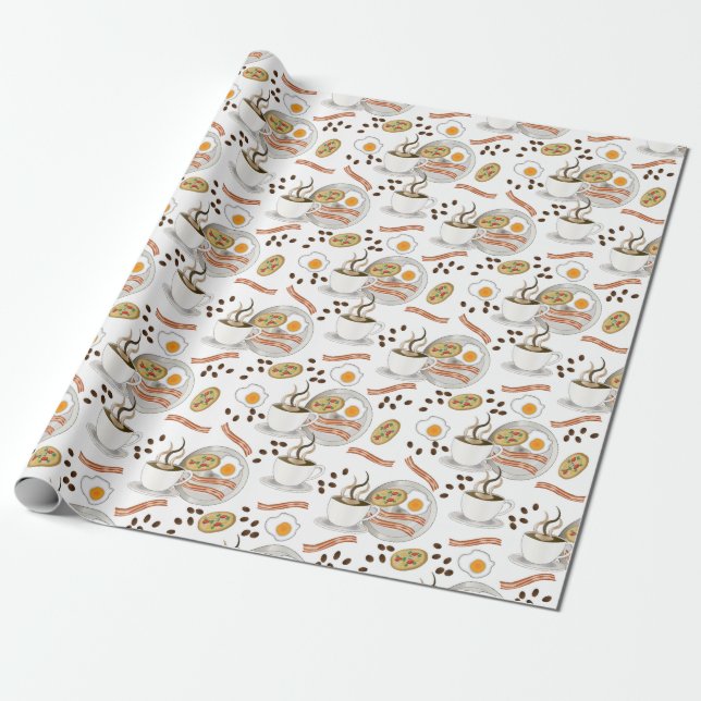 Coffee and Savory Breakfast Bacon | Eggs Pattern Wrapping Paper (Unrolled)