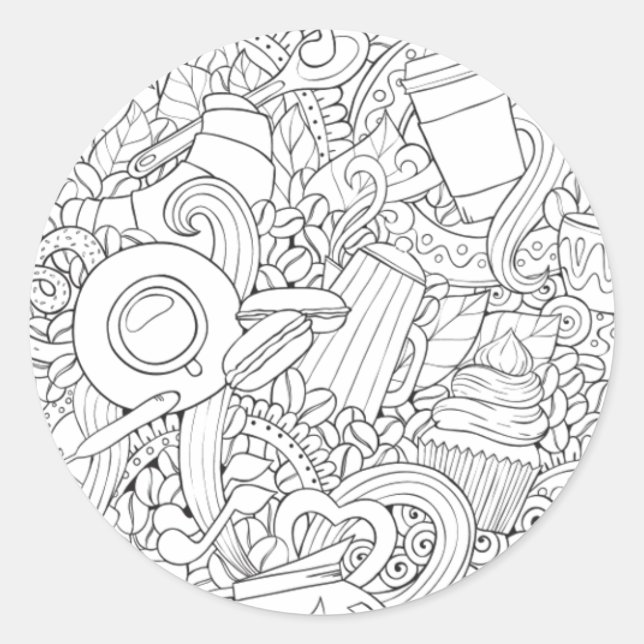 Coffee And Tea Doodle Classic Round Sticker (Front)