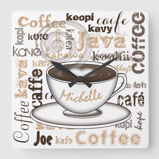 Coffee Around the World Name Square Wall Clock (Front)