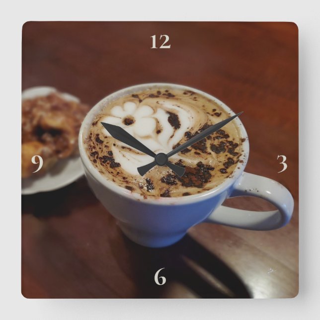 Coffee Art Cafe Latte Coffee Cup Rustic  Square Wall Clock (Front)