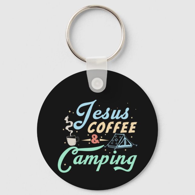 Coffee Art Jesus Coffee & Camping Key Ring (Front)